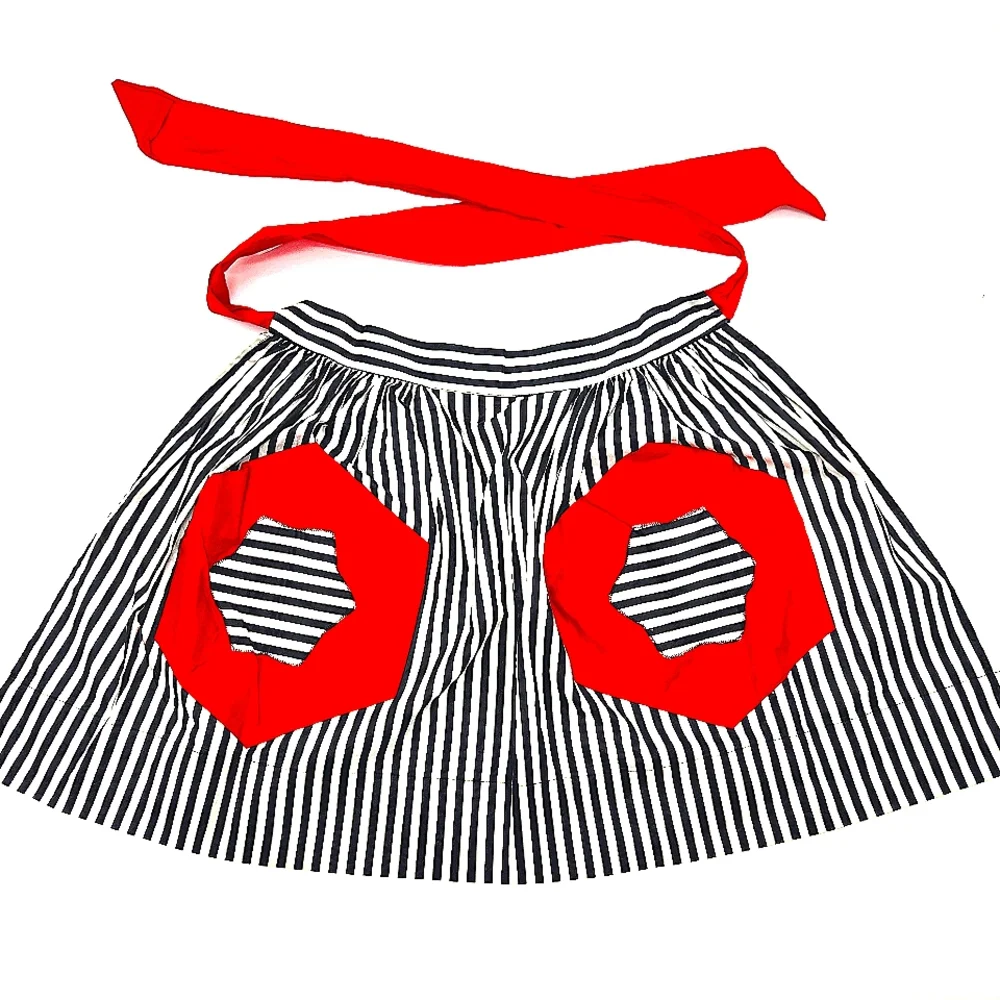 ✨RARE Vintage Carmen Lee Hostess Apron NWOT Black & White Stripe with Red Star